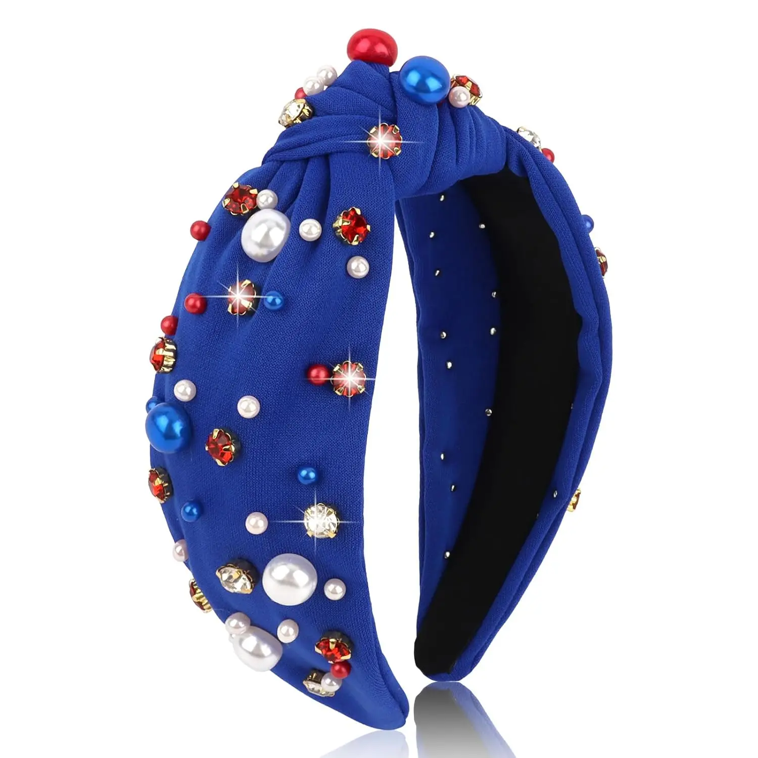 4th July Headband for Women Trendy Pearl Knotted Headband Sparkly Rhinestone Pearls Top Knotted Headbands Blue Patriotic Hairband Fashion Hair Accessories Cute Hair Bands for Women Girls