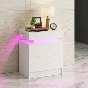 Modern White Nightstand With Charging Station Remote Control LED Ambient Light 2 Soft Close Storage Drawers MDF Minimalist End Side Table Space Saving Easy Assembly For Bedroom Home Decor