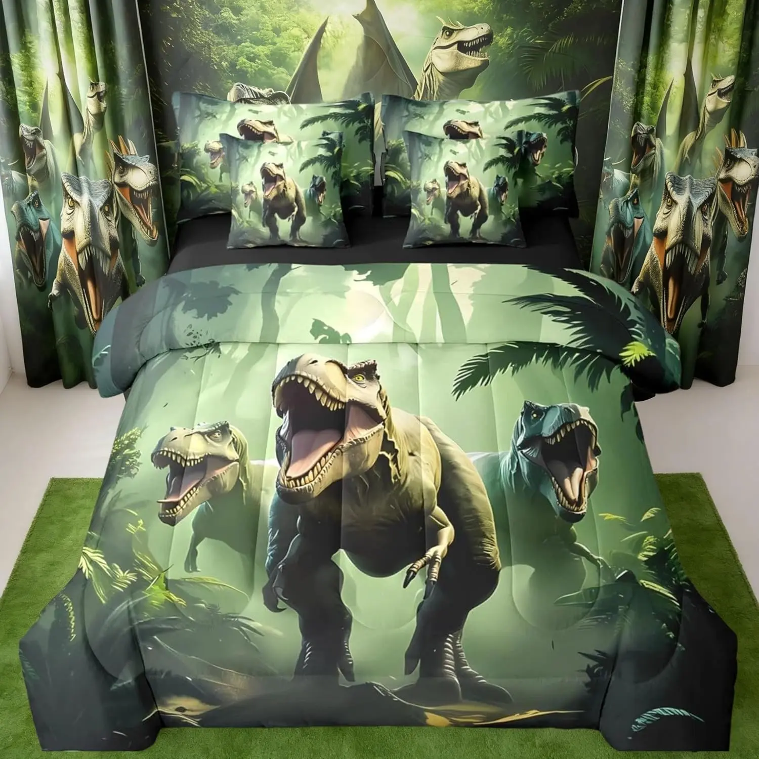 Dinosaur Comforter Set with Sheets 7 Piece Jungle Dino Bed in a Bag 3D Dino Print Bedding Set Wild Animal Bedroom Decor Green and Brown Breathable Soft Microfiber