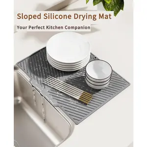 Silicone Sloped Dish Drying Mat - Foldable Drainage Mat with Funnel Design, Countertop Pad for Dishes, Cups, Bar Utensils, Tableware and Coasters