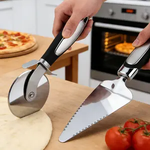 2-piece set of premium pizza cutting wheels and shovels - ultra sharp stainless steel pizza slicer with anti slip soft handle - versatile cutter for pizza, dough, and pastries - dishwasher washable, easy to clean - black