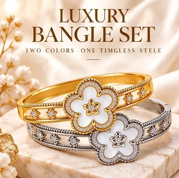 Women's Gold-Plated White Flower Hinged Bangle Bracelet - 5-Petal Floral Centerpiece with Sparkling Accents, Gold-Silver Tone Options, Vintage Inspired Costume Jewelry for Daily Elegance