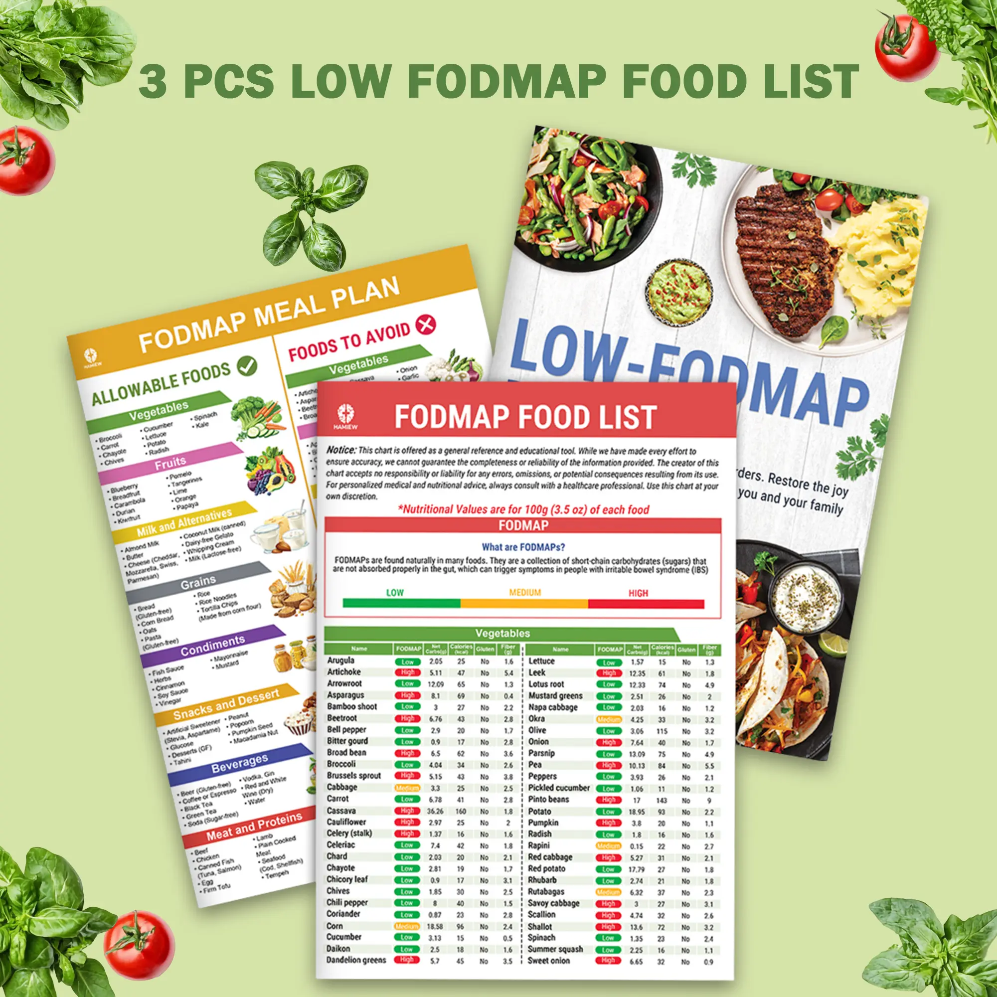 3 Pcs Low FODMAP Food List Charts & Meal Plan For IBS, SIBO & Bloating, Laminated Diet Guide with Serving Sizes, Net Carbs, Calories, Gluten & Fiber, Elimination Diet Guide For Beginners