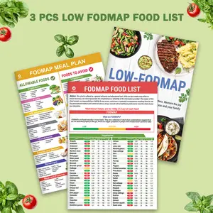 3 Pcs Low FODMAP Food List Charts & Meal Plan For IBS, SIBO & Bloating, Laminated Diet Guide with Serving Sizes, Net Carbs, Calories, Gluten & Fiber, Elimination Diet Guide For Beginners