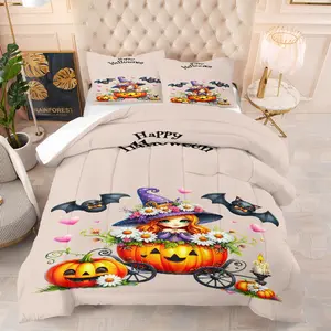 Witch pumpkin pattern quilt, includes 1 quilt and 1 or 2 coreless pillowcases, suitable for home or dormitory decoration, very suitable as a moving gift