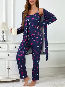 Women's Heart Print Robe Set with Tank Top & Leggings, Comfortable Casual Home Wear, Fall Winter Fitted Sleepwear, 3 Piece, Soft Lounge Sets