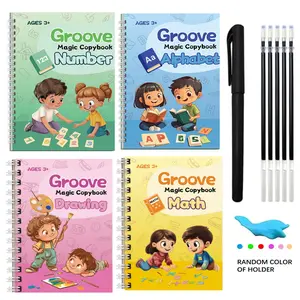 Magic Practice Copybook Set, 4 Counts Reusable Number & Letter & Math & Drawing Practice Copybook with 1 Count Pen, 5 Counts Refills & 1 Count Pencil Grip