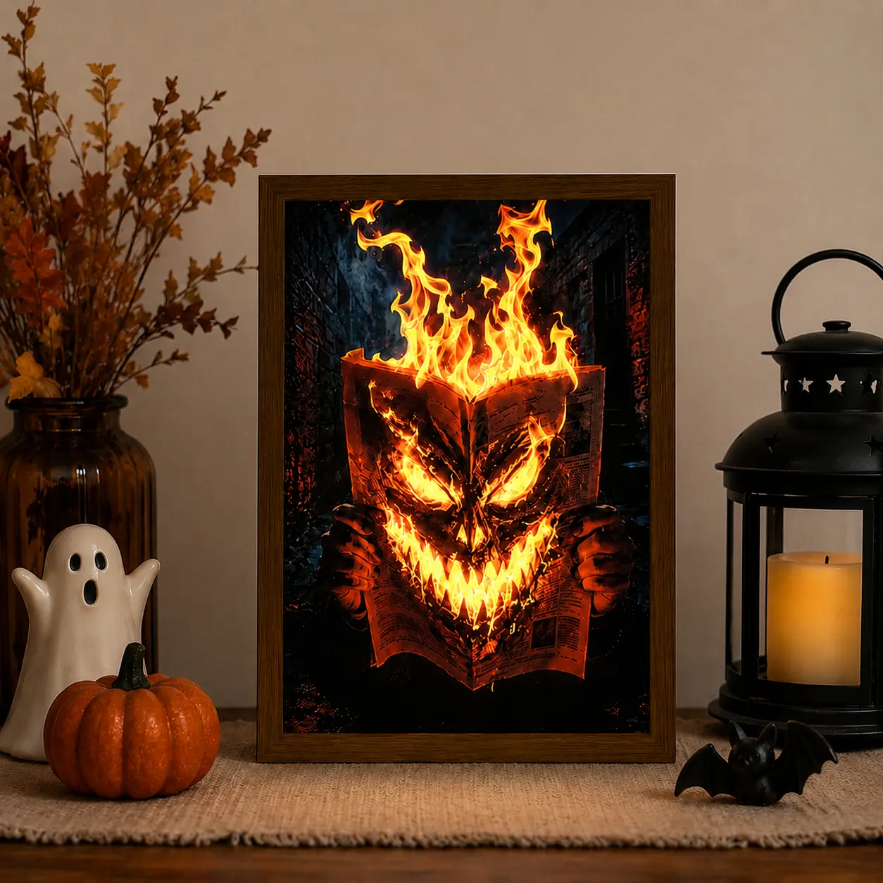Fiery Demon Burning Newspaper LED Light Painting | USB Dimmable Gothic Lamp, Natural Wood Frame, Spooky Halloween Decor, Glowing Ambient Light for Bedroom & Study, Unique Horror Gift, Gothic Horror Decor, Unique Birthday Gift, Desk Light