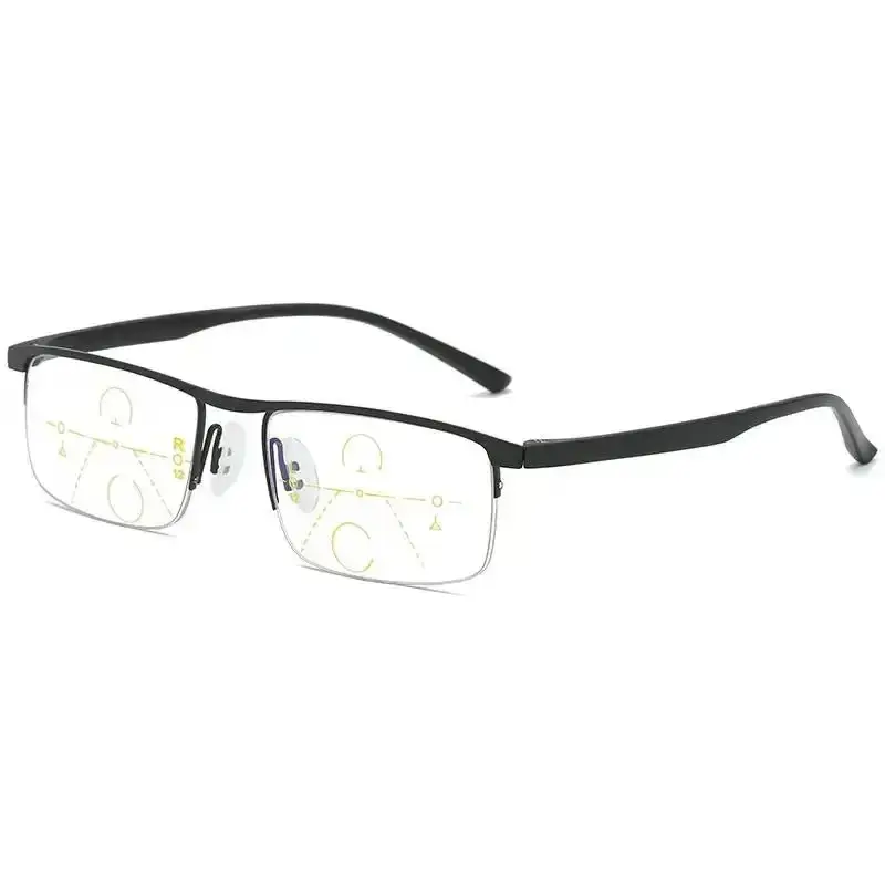 Unisex 2-in-1 Progressive Multifocal Graded Eyeglasses, 1 Pair Lightweight Durable Metal Semi-Rimless Rectangular Frames, Resin Lens, Multiple Strengths (100-400) Fashion Eyewear Frames