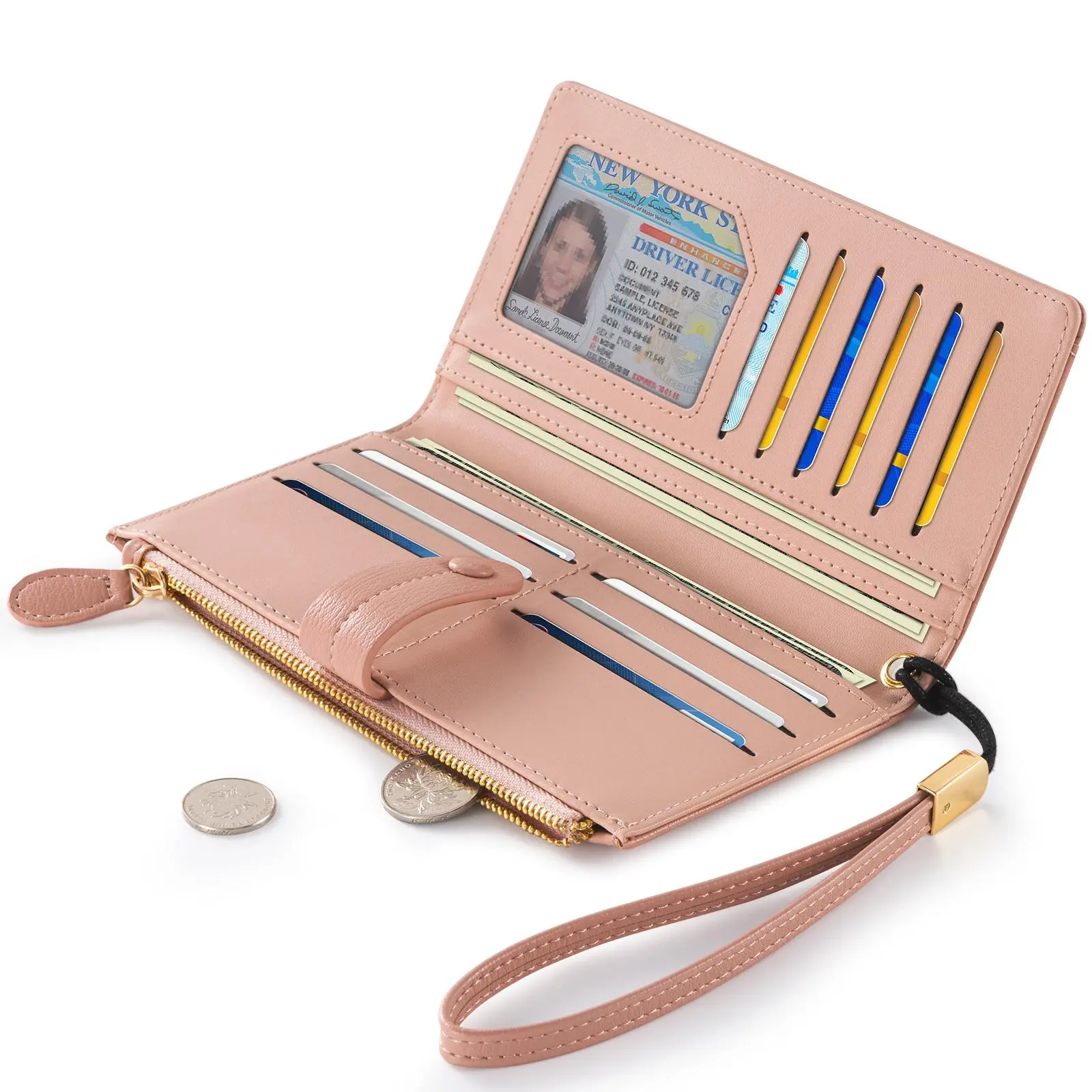 Women's Vintage PU Leather Long Wallet RFID Blocking Anti Theft Clutch Purse with Wrist Strap Zipper Pocket Multi Card Slots Christmas Gift