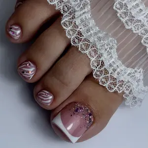 French Instant Pink Press on Toenails Toe Nails Bling False Toenails Glossy Full Cover Acrylic Toenails with Design Silver Glitter Toe Press on Nails Toe Nail Press ons for Women Manicure 24Pcs
