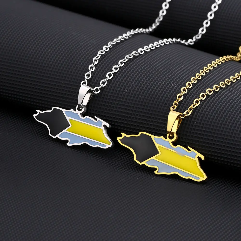 Bahamas Flag Pendant Necklace, Stainless Steel Nassau Island Map Jewelry for Men and Women, No-Fade Couple's Memorial Souvenir Gift, Chain, Accessory, Unisex Couple