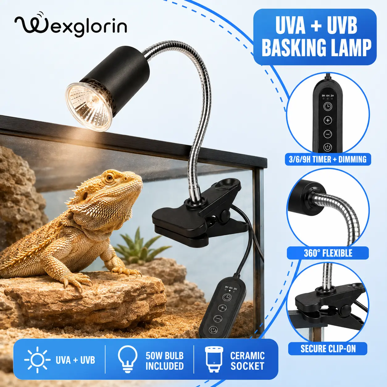 UVA UVB Reptile Basking Lamp, 50W Dimmable Heat Light with 3/6/9H Timer, Flexible Clip-On Gooseneck for Bearded Dragons & Turtles