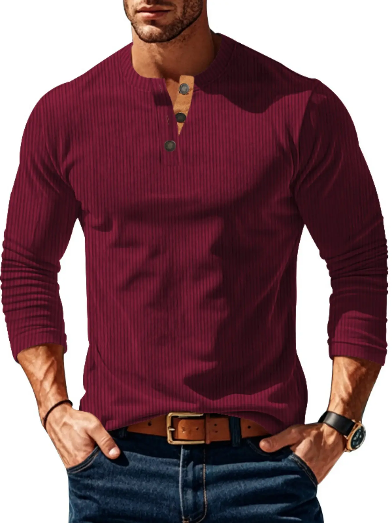 A men's long-sleeved henley shirt, Casual, made of waffle-textured fabric, featuring a henley collar with button detailing, solid color, simple design that suits everyone, a must-have for men