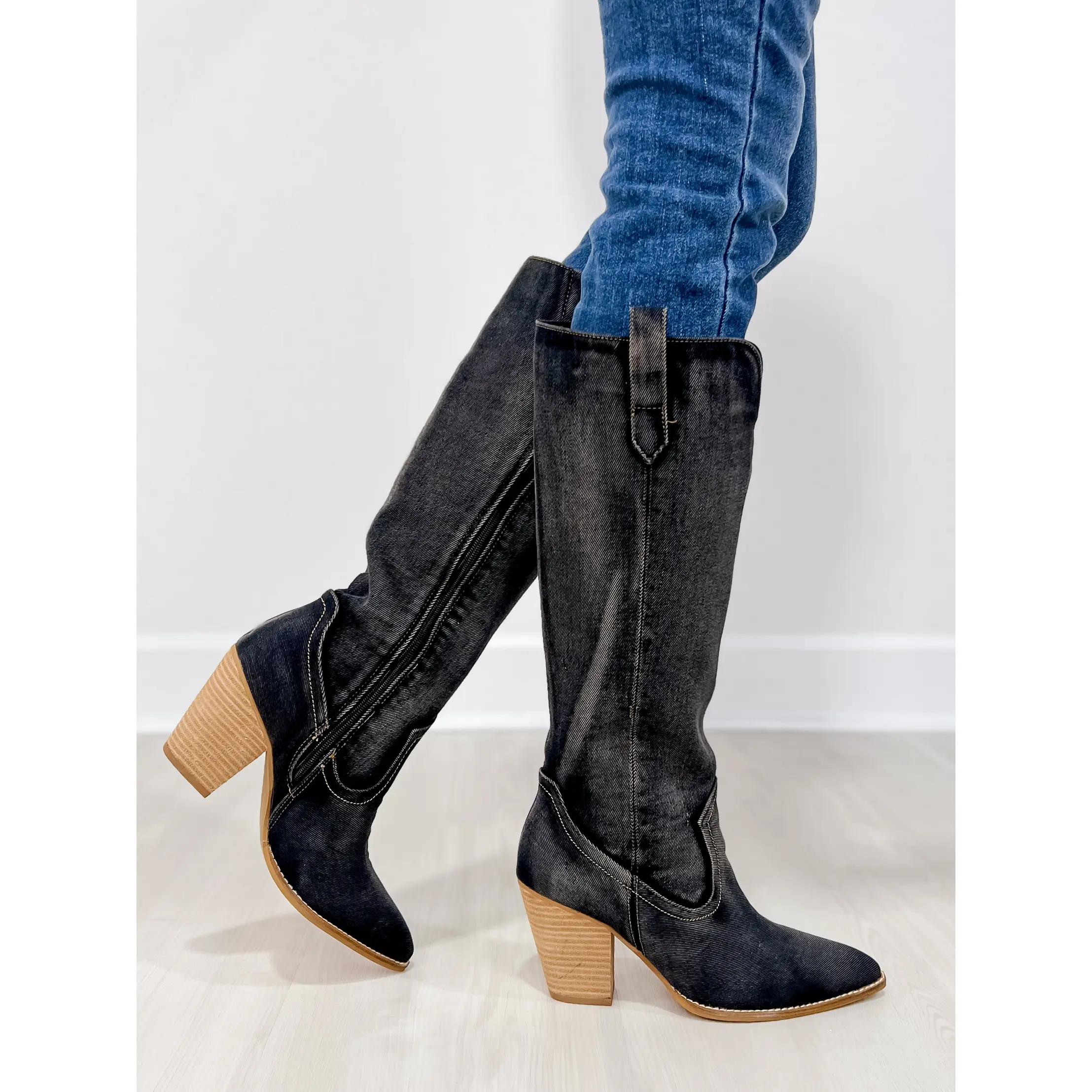 Corkys Talk Is Cheap Western Boots in Washed Dark Blue Denim
