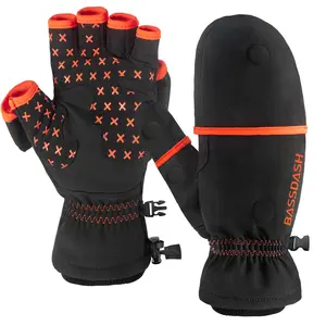 BASSDASH WinteFlex Insulated Ice Fishing Convertible Mittens Cold Weather Fingerless Fleeced Gloves Water Resistant for Men Women Hunting Photography Hiking