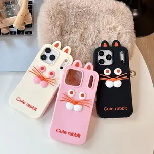 Cute 3D Long Whisker Bunny Silicone Case For iPhone 17 16E 15 14 Plus 13 12 Pro Max Shockproof Cover Cartoon Rabbit Phone Shell