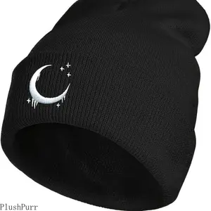 Warm Knitted Gothic Black Beanie with Sweet Romantic Crescent & Stars Embroidery Skull Cap Ideal Gift for Winter and Casual Wear Unisex