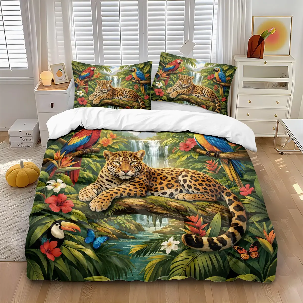 3-piece quilt cover set (1 quilt cover +2 pillowcases, no core) Tropical rainforest leopard flower waterfall Hornbill parrot print soft and comfortable bedding, suitable for all rooms