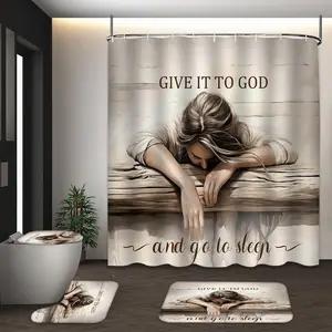 LVRLVR 4Pcs Give It To God Inspirational Quote Print Modern Minimalist Beige Shower Curtain Set 70.8×70.8 Inch