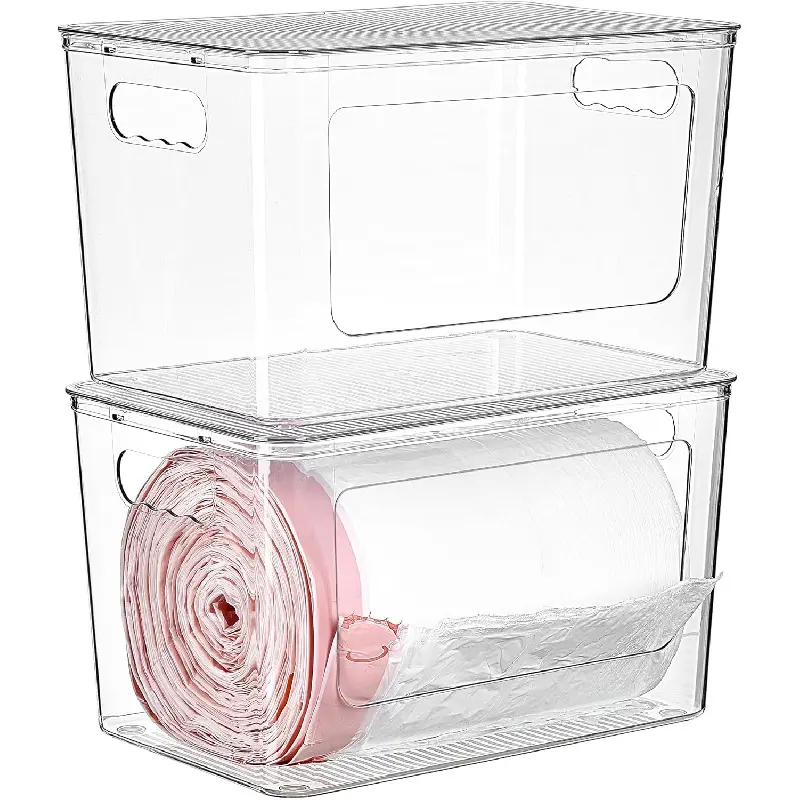 2 Pack Trash Bag Holder, Stackable Garbage Bag Dispenser for 13/30/33 Gallon Bags, Clear Organizer Bins for Under Kitchen Sink, Laundry Room Organization and Storage