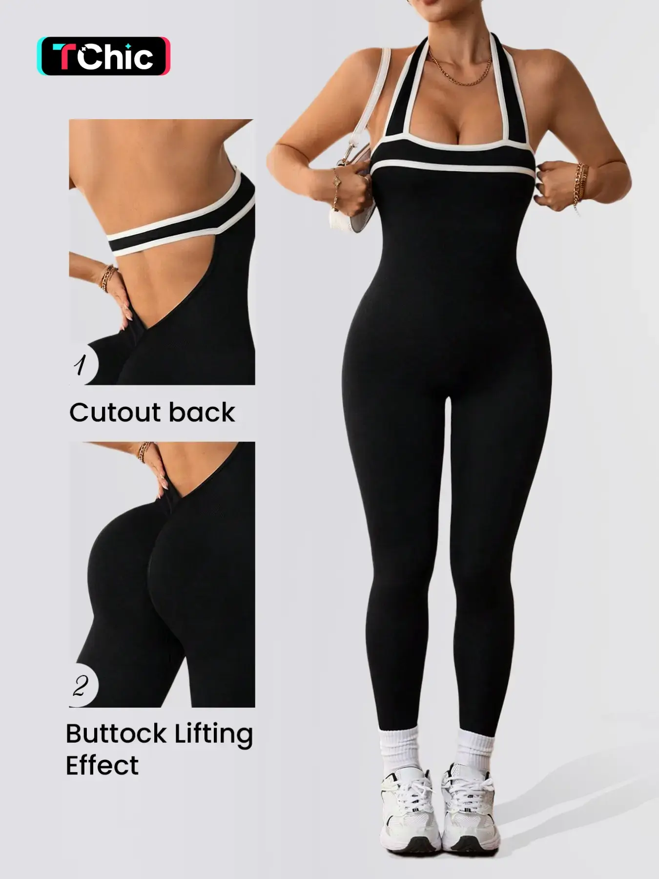 Women's Colorblock Halter Seamless High Stretch Jumpsuit, Backless V-Back Design, Comfortable for Outdoor Cycling Gym Yoga Daily Wear, Sporty Jumpsuit, Workout Jumpsuit, Athletic Jumpsuit, Sports Jumpsuit