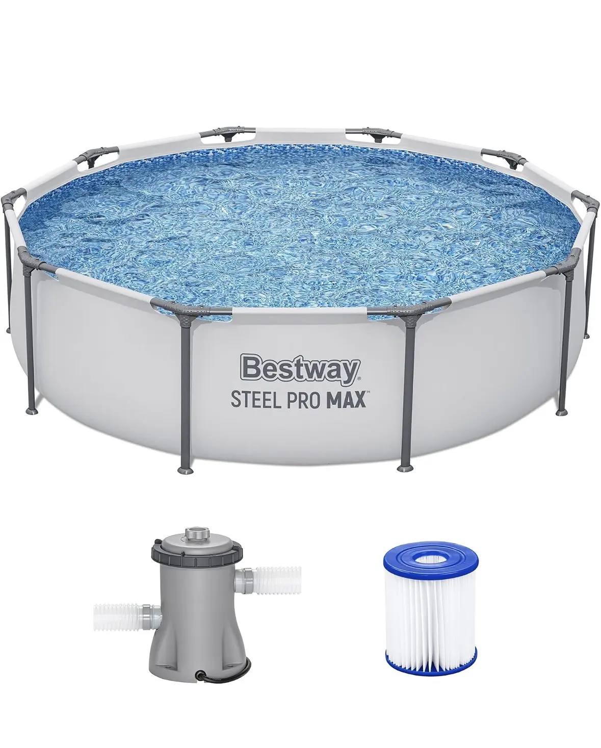 Bestway Steel Pro MAX 10' x 30" Above Ground Pool, Round Metal Frame Outdoor Swimming Pool Set with Filter Pump & Type I Cartridge, Gray