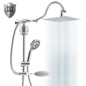 Hibbent All Metal 10'' Filtered Rainfall Shower Head Combo for Easy Reach, High Pressure Shower Head System, Handheld Showerhead, Adjustable Holder, 12'' Extension Arm, Shower Filter, 7-spray, Chrome