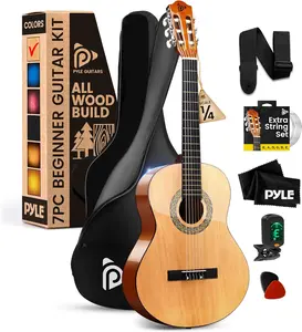 Pyle Beginner Acoustic Guitar Kit, 1/4 Junior Size All Wood Instrument for Kids, Adults, 30" Natural Gloss