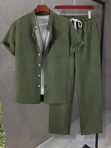 Men's Solid Color Short Sleeve Shirt & Drawstring Waist Pants Two-piece Set,  Casual Comfy Chest Pocket Design Button Front Top & Pocket Trousers, Men's Summer Clothes for Daily Wear
