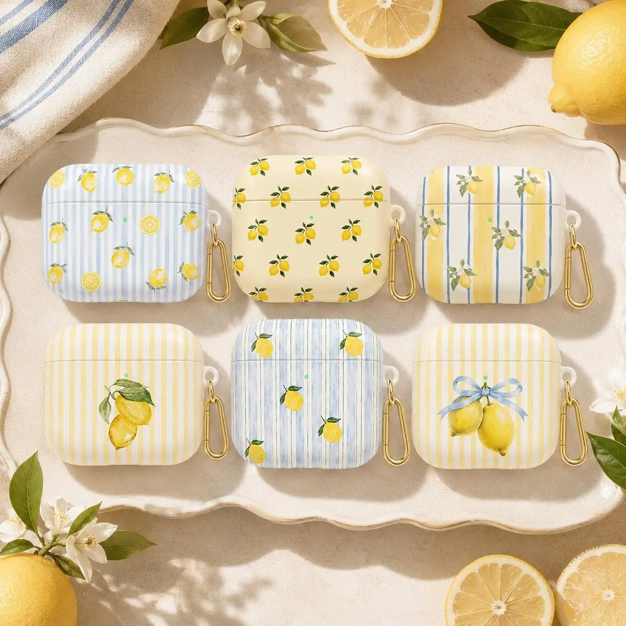 Lemon AirPods Case, AirPods Pro 2 Case with Cute Citrus Pattern, Summer Coastal Aesthetic Earbuds Cover with Keychain, Gift for Her