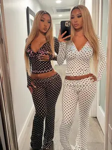 Women's Street Style Sporty Letter Colorblock Polka Dot Athleisure Wear Set, Slim Fit Hooded Zipper Short Sleeve Crop Top & High Waist Pants