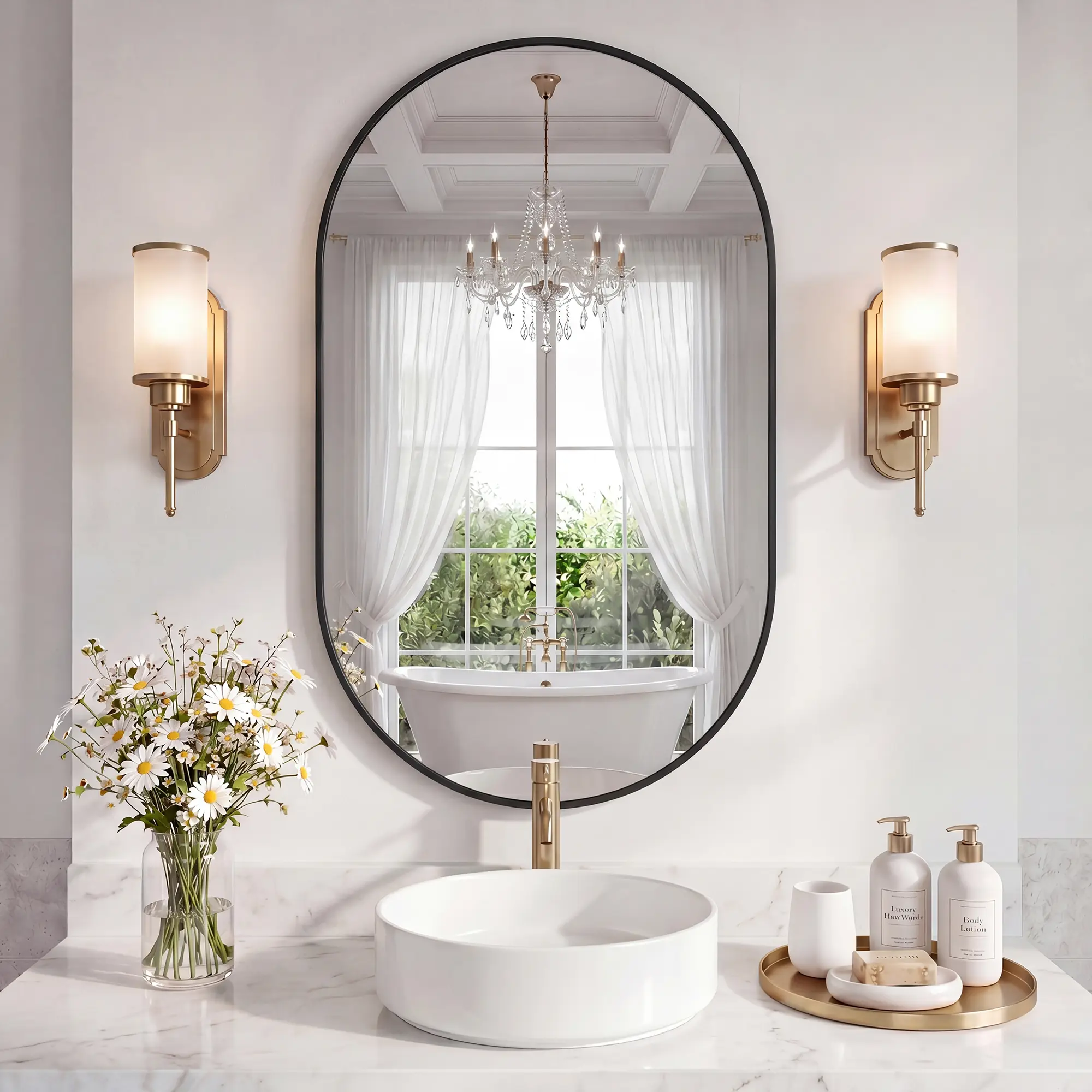 Sweetcrispy Modern Oval Bathroom Vanity Wall Mirror, Tempered Glass Decor, Wall-Mounted Horizontally or Vertically for Over Sink, Bathroom