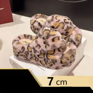 4cm 7cm High Heel Woman Sexy Leopard Furry Slipper 2025 New Female Autumn/winter Fur Slides Shoes On Platform Slippers