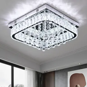 Premium 3CCT LED K9 Crystal Square Ceiling Chandelier Remote Control Surface Mounted Adjustable Lighting for Hotel Home Living Dining Bedroom Spaces QH-MC140