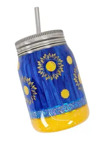 12 oz Sunflower Peekaboo Blue Wood Grain Mason Jar Epoxy Tumbler
