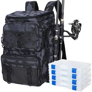 Fishing Backpack with Rod Holders, 42L Large Water-Resistant Tackle Bag  Camping, Hiking, Gifts - Black Camo (4 Tackle Boxes)
