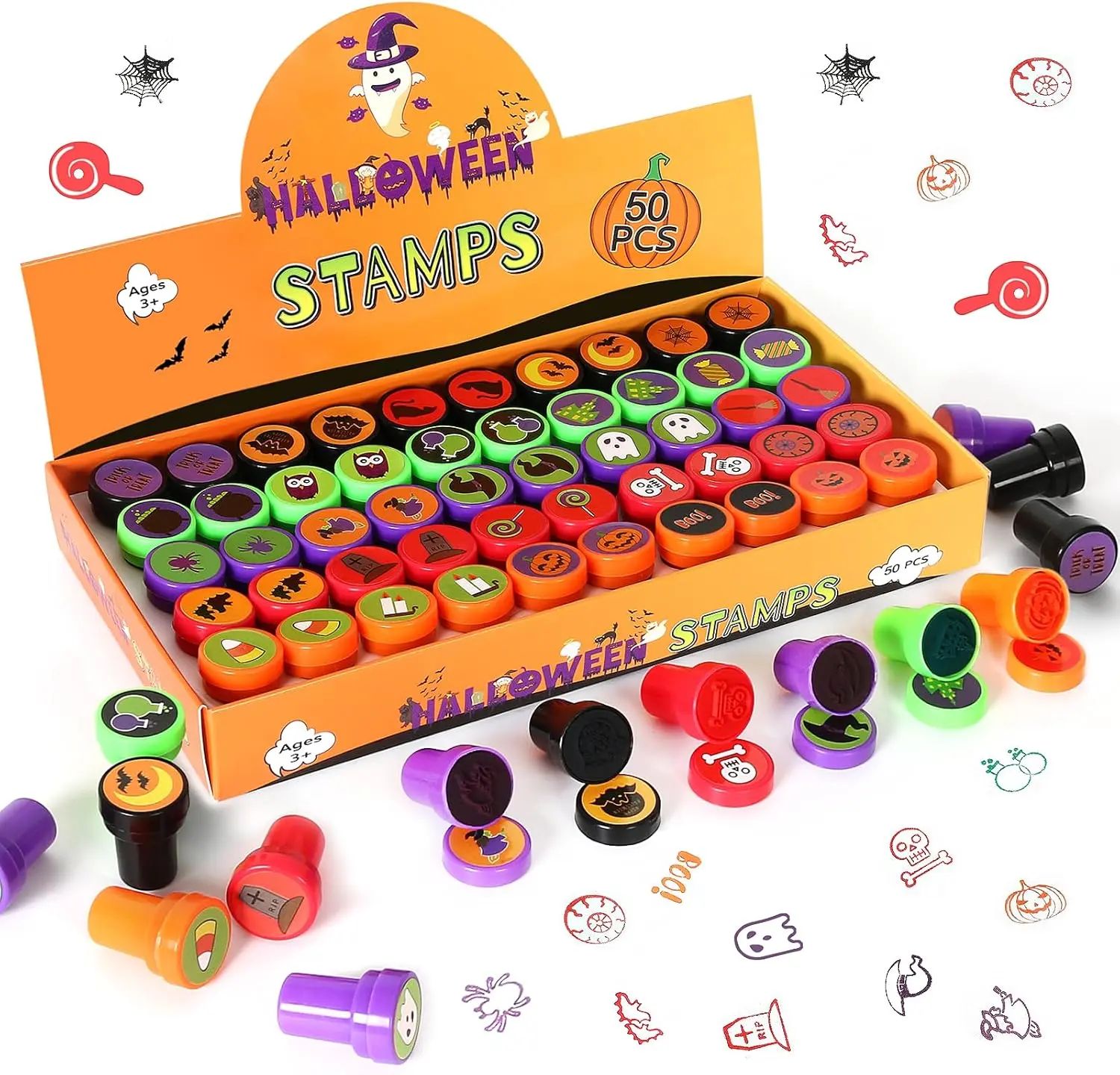 50 PCS Halloween Stamps for Kids – Bulk Non-Candy Trick-or-Treat Goodie Bag Fillers, Party Favors & Classroom Prizes for Toddlers and Children