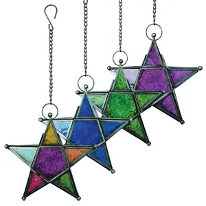In the Breeze 5-Point Star Tealight Lantern Moroccan-Style Boho Chic Glass and Metal Tealight Hanging Lantern with Stamped Painted Glass Panels and Metal Frame