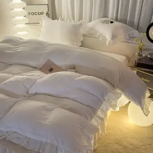 3pcs Pure Color Ruffled Bedding Set, Includes 1 duvet cover and 2 Pillowcases, Zipper Design, Soft Fabric, Suitable for All Seasons, Soft Bedding Sets