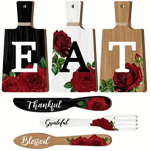 6-Piece Cutting Board Kitchen Decor Set, Rose Eating Sign Kit, Wooden Knife Fork Spoon Holder, Thankful Blessing Hanging Sign, Wooden Chopping Board