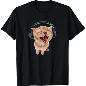 100% cotton Silly Cat With Headphones T-Shirt