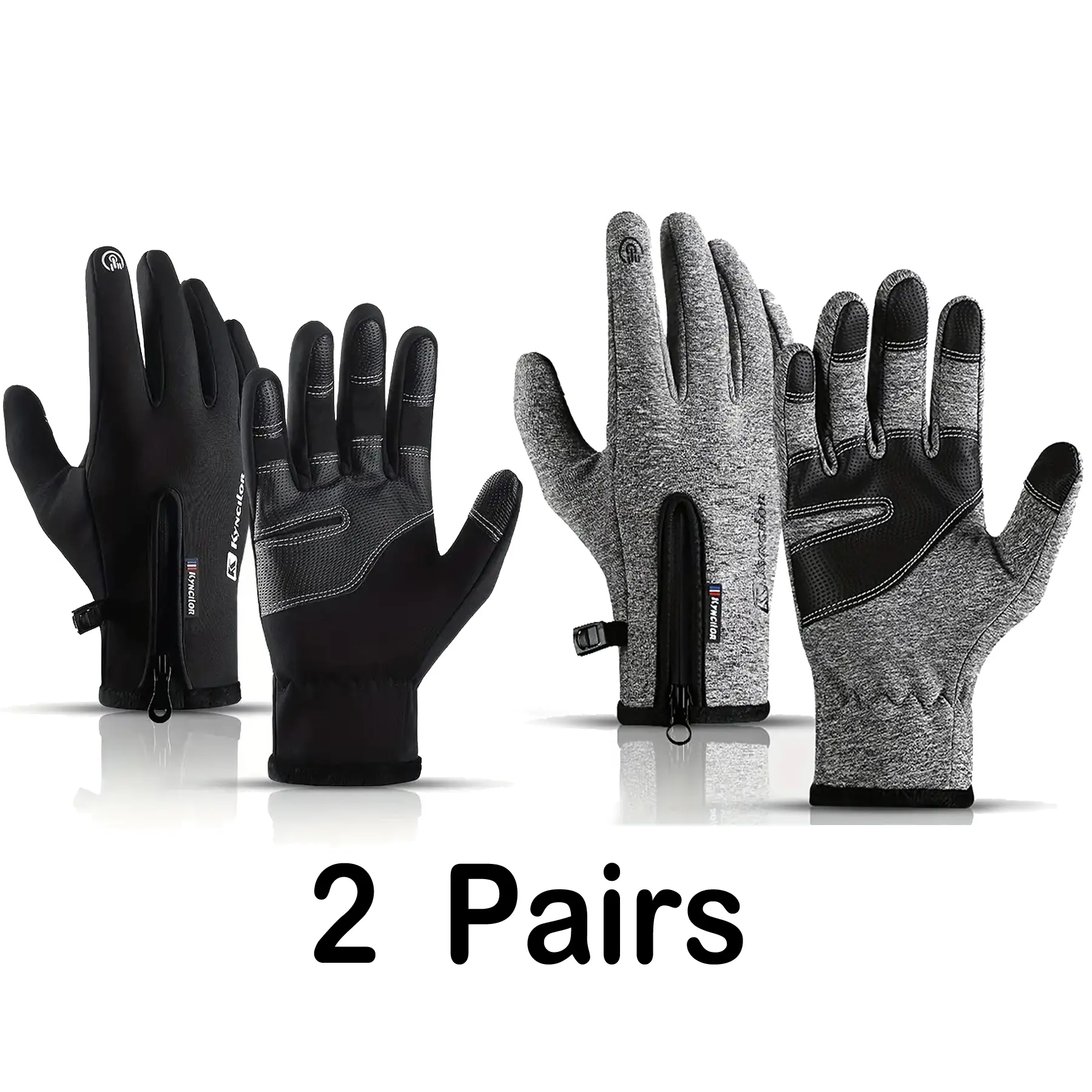 2 Pairs Men's & Women's Soft Fleece-Lined Hand Gloves - Water-Repellent, Non-Slip PU Palm, Side Zipper, Adjustable Wrist Strap, Phone-Friendly Sports Gloves for Cold Day Driving & Commuting