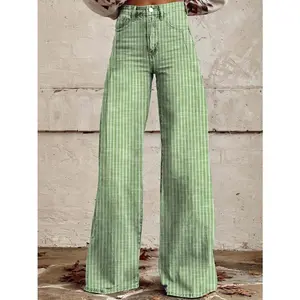 Women’s High Rise Jeans Retro Classic Striped Print Wide Leg Denim Pants Boyfriend Jeans with Pockets