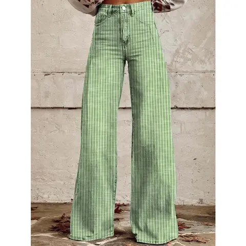 Women’s High Rise Jeans Retro Classic Striped Print Wide Leg Denim Pants Boyfriend Jeans with Pockets
