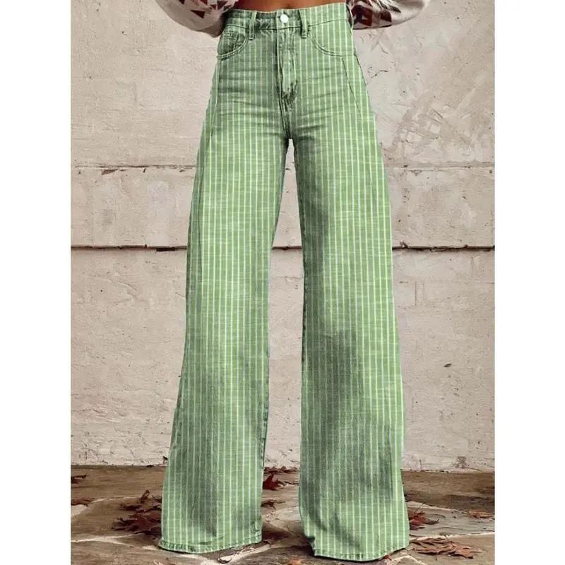 Women’s High Rise Jeans Retro Classic Striped Print Wide Leg Denim Pants Boyfriend Jeans with Pockets