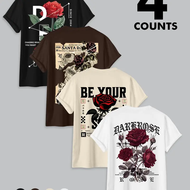 4-Pack Men's Rose & Letter Print Round Neck Short Sleeve Floral Graphic Tees, Artwork Tee, Classic Streetwear Fitted Casual Graphic Design Crewneck T-Shirts for Summer, Men's Tops for Daily Wear, Menswear