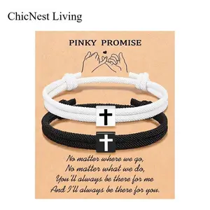 Pinky Promise Adjustable Rope Cross Bracelet Braided Christian Jewelry for Men Women Teen Girls Fashion Jesus Bracelets Christian Baptism Gift for Son Daughter
