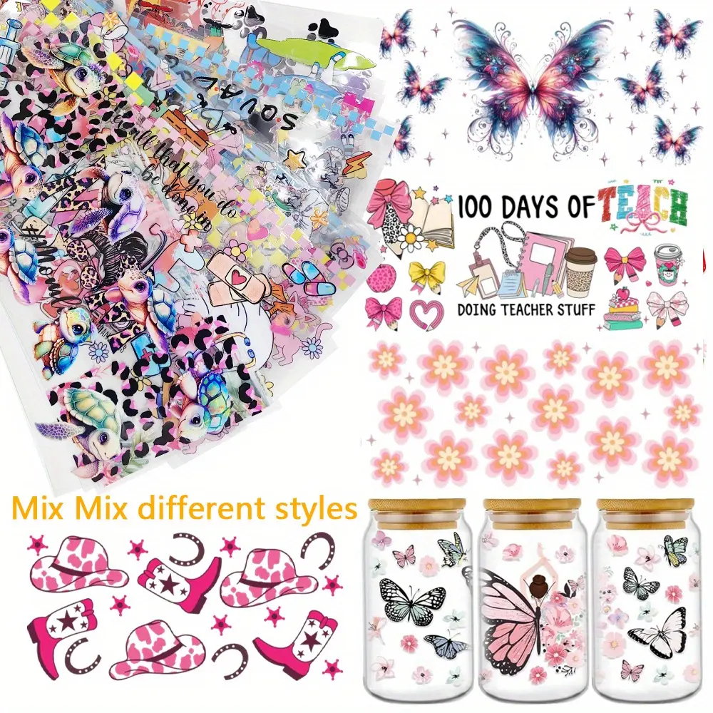 8pcs/16pcs Mixed Double-Sided UV DTF Cup Wraps, Waterproof Creative UV DTF Cup Wraps for 16 Oz, Suitable for Water Cups, Bottles, DIY Crafts Turtle Bow
