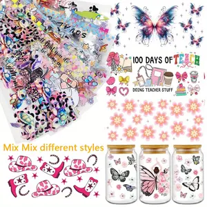 8pcs/16pcs Mixed Double-Sided UV DTF Cup Wraps, Waterproof Creative UV DTF Cup Wraps for 16 Oz, Suitable for Water Cups, Bottles, DIY Crafts Turtle Bow